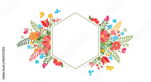 Beautiful hexagonal floral frame with colorful flowers, leaves, and butterflies, providing a blank space for text or a photo.