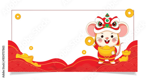 Chinese New Year frame featuring a cute rat in a lion dance costume, holding gold, with a red wave pattern at the bottom.