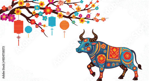 Chinese New Year illustration with a patterned blue ox and a colorful blooming branch with lanterns, on a white patterned background.