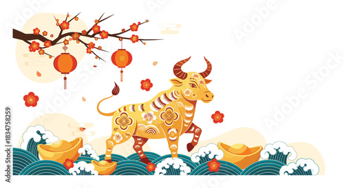 Golden ox standing among ocean waves and gold ingots, under a blooming branch with lanterns for the Chinese New Year of the Ox.
