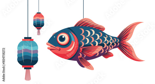 Illustration of a large, stylized fish lantern and two smaller traditional lanterns hanging, isolated on a white background.
