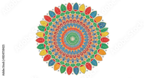 Brightly colored circular mandala with intricate patterns in primary colors, isolated on a simple and clean white background.