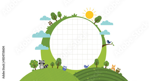 Children's school schedule or timetable template with a round grid frame surrounded by a cute cartoon nature scene with animals.