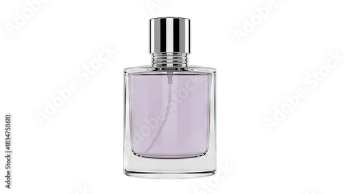 Clear Glass Perfume Bottle With Silver Cap And Purple Liquid Centered On Black Background Minimalist Product Photography Elegant Fragrance Container