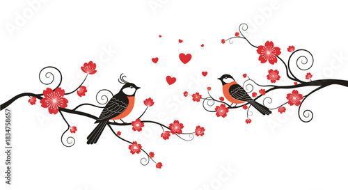Two love birds sitting on blooming cherry blossom branches with red flowers and floating hearts, a symbol of romance and love.