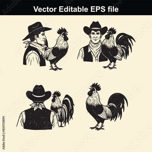 vector editable eps file featuring four black and white illustrations of cowboys wearing hats standing next to roosters, perfect for western theme designs