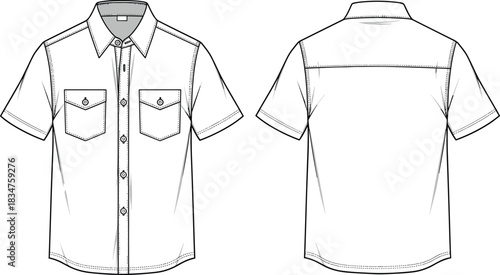 Classic Men's Denim Trucker Jacket Technical Flat Sketch Template with Buttoned Flap Pockets, Side Welt Pockets, and Back Yoke Detail Vector.