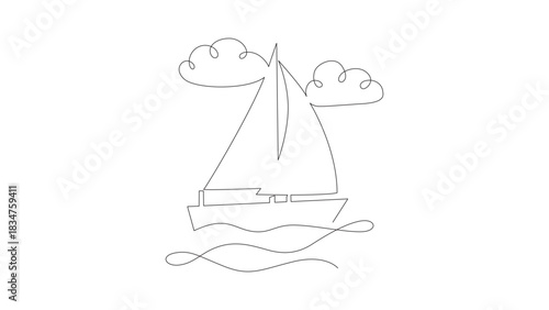 A continuous line sailing boat on waves with a sign. Black and white vector illustration. Line art. Concept for travel agency, yacht club, sail cruise card, banner, poster, flyer, trip, tourism, hotel