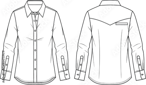 Classic Men's Western Shirt Technical Fashion Flat Sketch Template with Pointed Back Yoke, Button-Down Front, and Long Sleeves Vector Illustration.