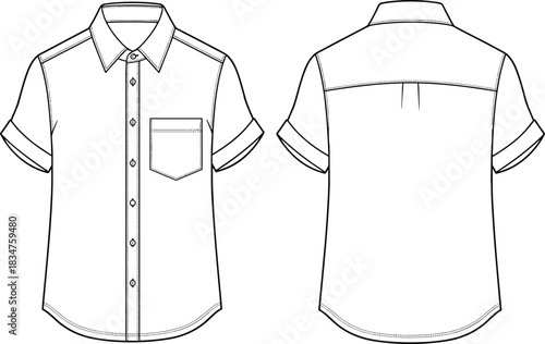 Classic Men's Denim Trucker Jacket Technical Flat Sketch Template with Buttoned Flap Pockets, Welt Pockets, and V-Shaped Yoke Detail Vector.