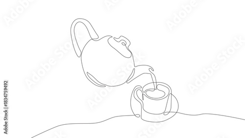 Vector continuous line drawing of a teapot and a tea cup on a white background. Logo. Tea house. The icon. Business card.
