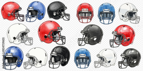 A diverse collection of American football helmets in various colors and perspectives, including red, blue, black, and white designs.