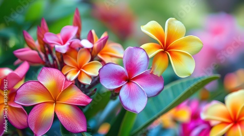 Fototapeta Naklejka Na Ścianę i Meble -  A vibrant display of colorful plumeria flowers in a lush garden setting.