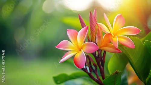 Two vibrant pink and yellow plumeria flowers with green leaves in a lush garden setting.
