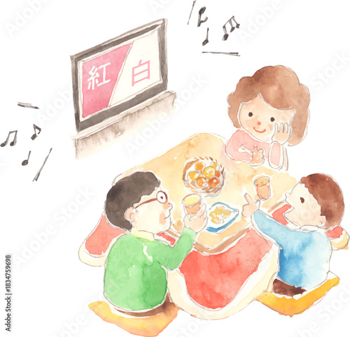 紅白歌合戦を見る家族のイラスト　ベクター