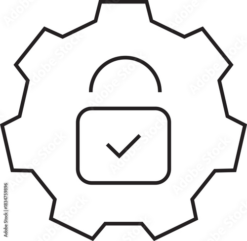 A minimalist icon of a gear with a secure padlock and checkmark, representing system security settings.