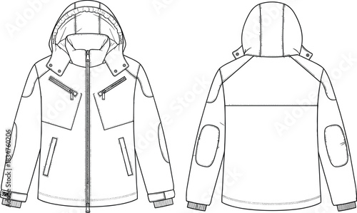 Men's Hooded Ski Jacket Technical Flat Sketch Template with Zipper Pockets, Ribbed Cuffs, and Elbow Patches Vector Illustration.