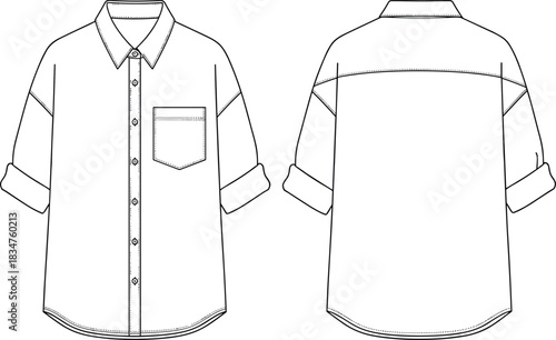 Men's Long Sleeve Work Shirt Technical Flat Sketch Template with Two Flap Pockets, Classic Collar, and Front and Back View Outline Vector.