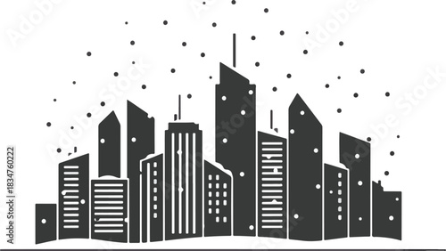 Stylized black silhouette of a city skyline under falling snow