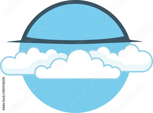 Stylized blue circle with a dark ring and white clouds
