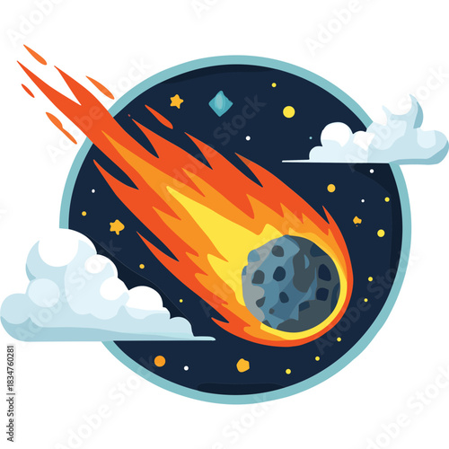 Fiery Meteor Streaks Across a Starry Night Sky Surrounded by Fluffy Clouds in a Circular Emblem