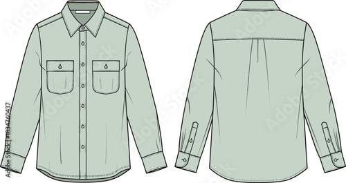 Men's Short Sleeve Henley T-Shirt Technical Flat Sketch Template with Button Placket, Raglan Sleeves, and Round Neckline Vector Illustration.