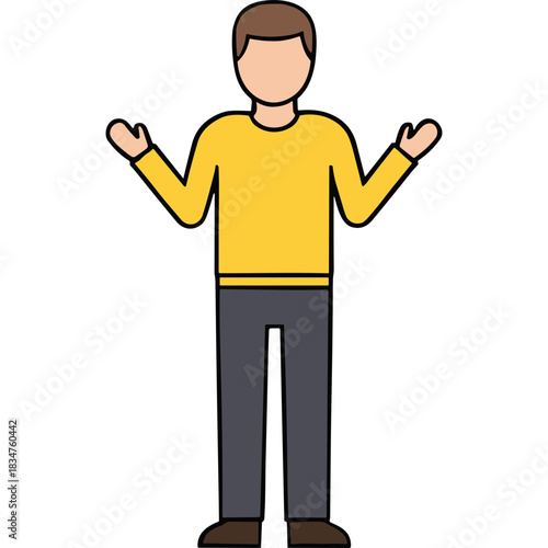 Flat Design Illustration of a Man with Brown Hair Wearing a Yellow Long Sleeve Shirt and Dark Gray Pants Standing with Arms Raised in a Shrugging Gesture Against a Black Background
