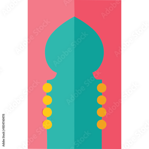 Flat Design Islamic Prayer Mat With Arch and Golden Ornaments Against Pink Background Vertical Orientation