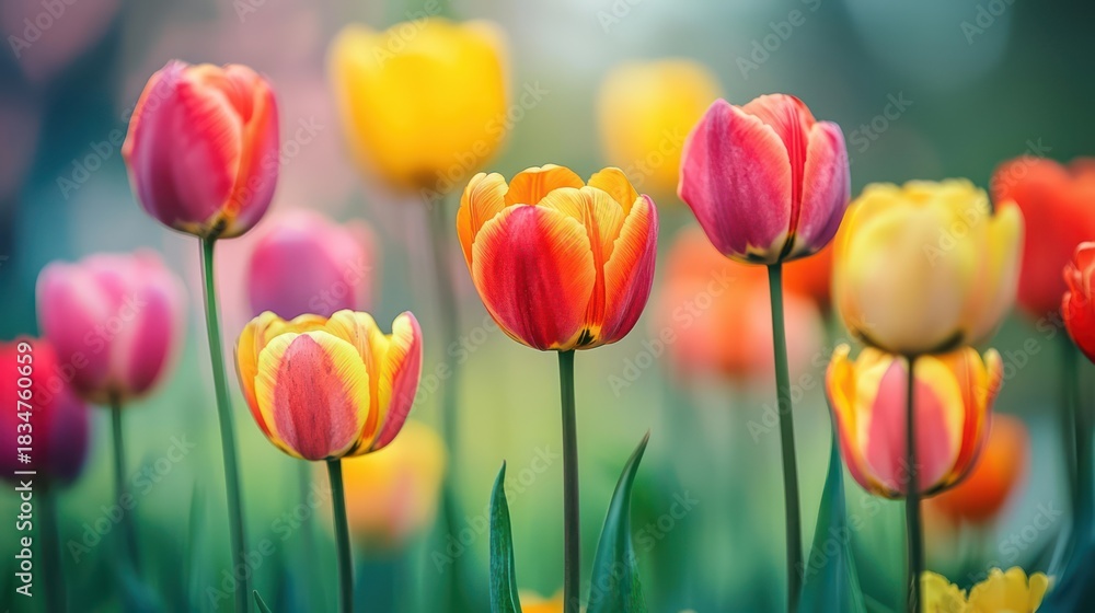 Fototapeta premium A vibrant display of colorful tulips in a garden setting.