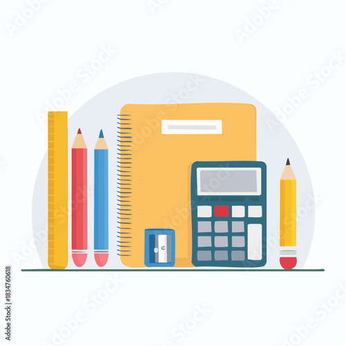 Flat design vector illustration of school and office supplies pencils, ruler, notebook, sharpener, and calculator. Represents education, learning, and organized productivity