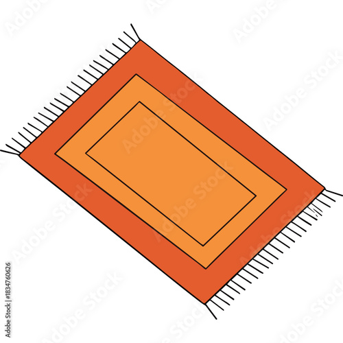 Flat lay geometric rug with tasseled edges in warm orange and yellow hues against a stark black background featuring a simple layered rectangular design