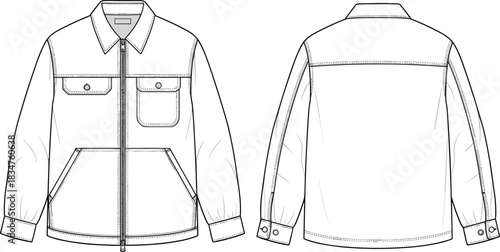 Men's Short Sleeve Work Shirt Technical Flat Sketch Template with Two Button Flap Pockets, Classic Collar, and Back Yoke Vector Illustration.