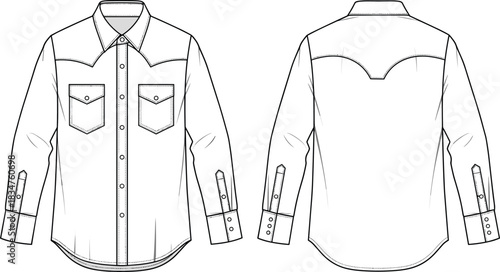 Men's Short Sleeve Work Shirt Technical Flat Sketch Template with Two Flap Pockets, Classic Collar, and Front and Back View Outline Vector.