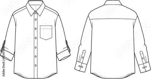 Men's Short Sleeve Work Shirt Technical Flat Sketch Template with Two Flap Pockets, Classic Collar, and Straight Hem Vector Illustration.