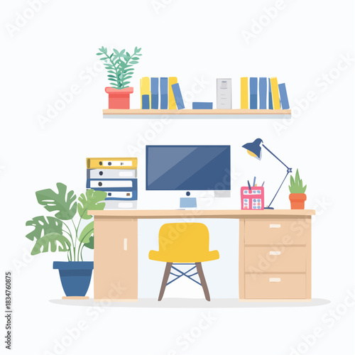 Workspace Illustration A Clean and Organized Desktop with Books, Plants, and Modern Computer