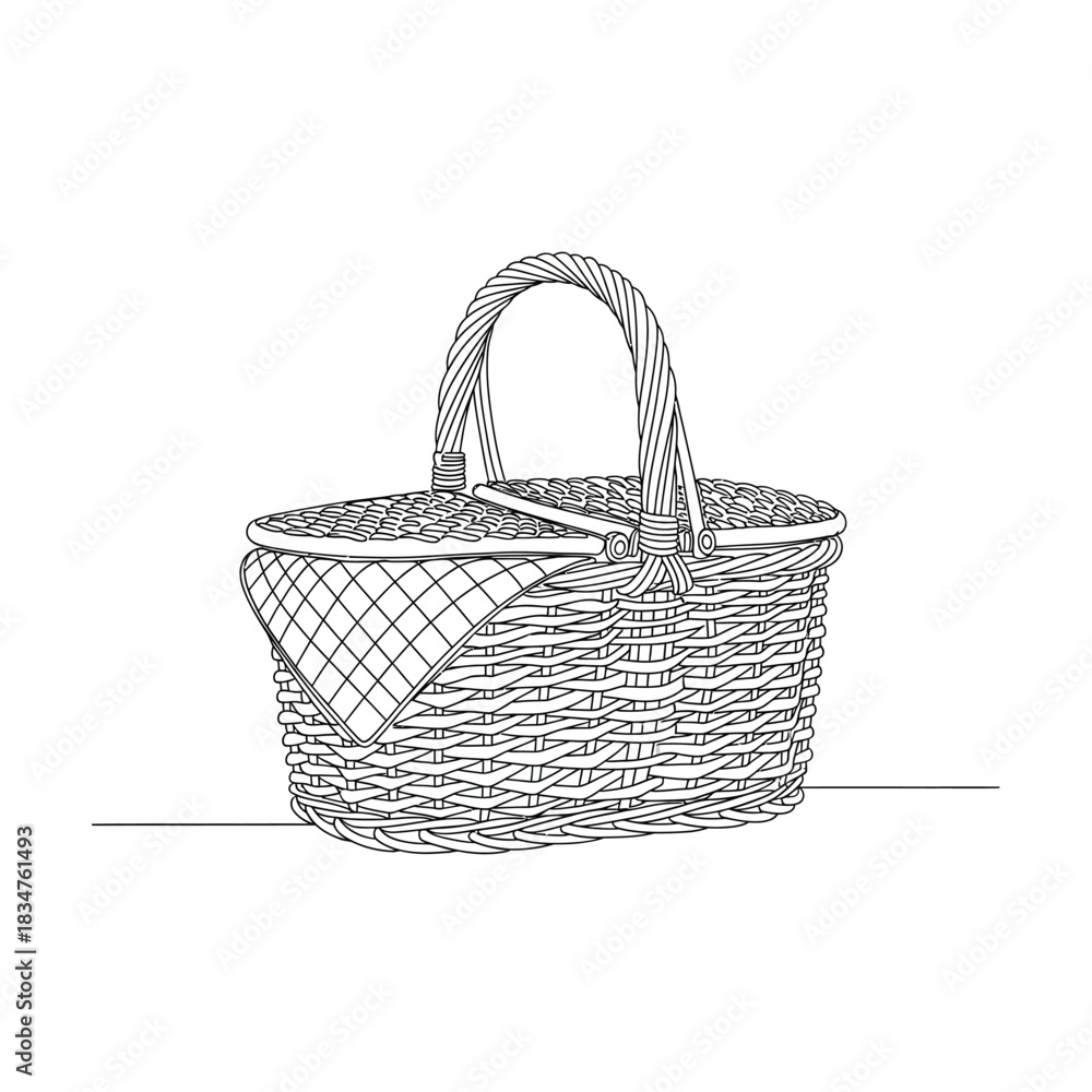 Obraz premium Handwoven wicker basket with a curved handle on a white background