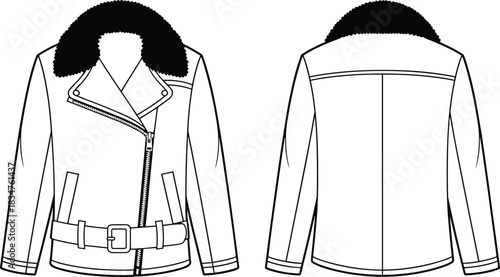 Technical flat sketch of biker jacket, shearling collar asymmetrical zipper belted waist pocket detail design, fashion template, garment construction drawing, vector outline