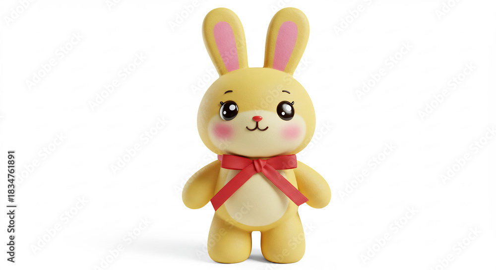 Obraz premium Cute yellow bunny character art. Brightly lit adorable 3D render standing playfully on a clean white background studio shot.. AI Generated