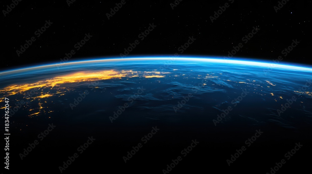 Fototapeta premium The Earth's horizon with a blue and orange gradient, illuminated by the night sky.