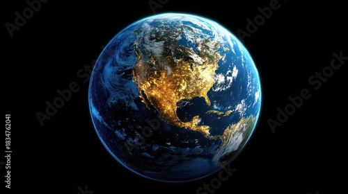 Fototapeta Naklejka Na Ścianę i Meble -  The Earth, a blue and green planet with visible continents and oceans, viewed from space against a black background.
