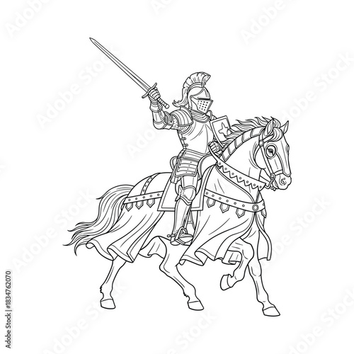 Medieval knight in full armor riding a horse holding a sword up