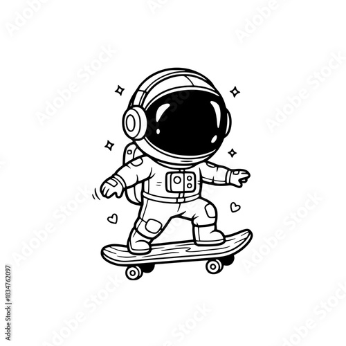 Cute Astronaut Skateboarding Line Art Illustration. Kawaii Cartoon Black and White Vector Icon for Skating, Sports, or Streetwear Logo. zgenerative ai 