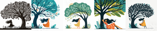  VECTOR WOMAN TAKING SHADE UNDER A TREE ON A WHITE BACKGROUND