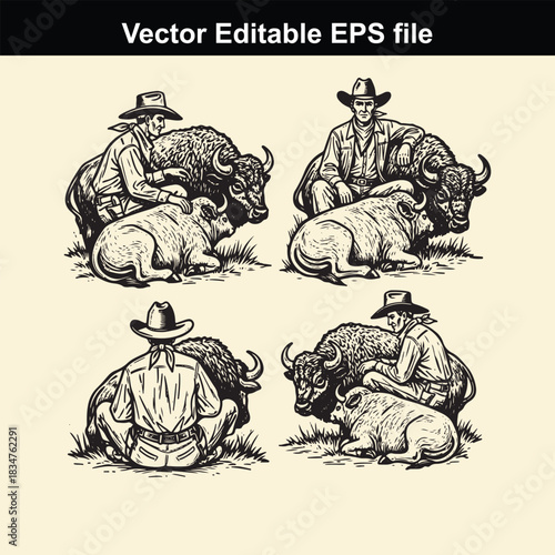 vector editable eps file featuring four distinct illustrations of cowboys resting alongside bison or buffalo in a vintage, engraved art style