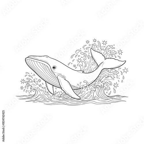 Whimsical black and white line drawing of a humpback whale breaching in choppy ocean waves