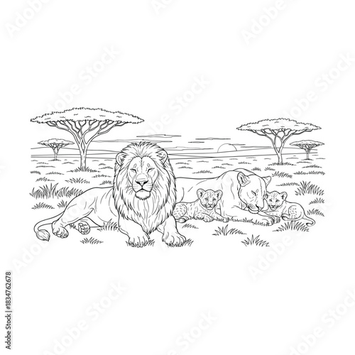 Majestic lion resting in its natural habitat with acacia trees and savanna landscape