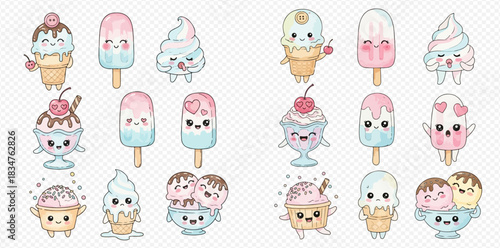 Adorable collection of cartoon ice cream cones, sundaes, and popsicles with happy faces.