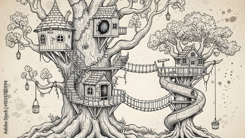Wallpaper Mural Vintage fantasy tree house sketch, hand-drawn ink illustration, beige background Torontodigital.ca