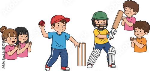 Boy Batsman and Bowler with Audience Cheering, Ideal for Sports Graphics.