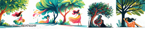  VECTOR WOMAN TAKING SHADE UNDER A TREE ON A WHITE BACKGROUND